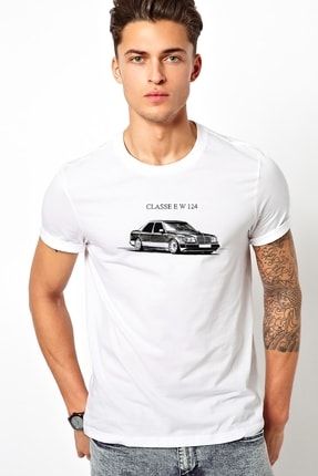 Mercedes E W 124 Baskılı Beyaz Erkek Örme Tshirt BGA1137ERKTS