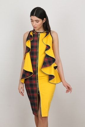 Kadın Sarı Ekoseli Volan Detaylı Kolaj Elbise GYWE5SS2101-501