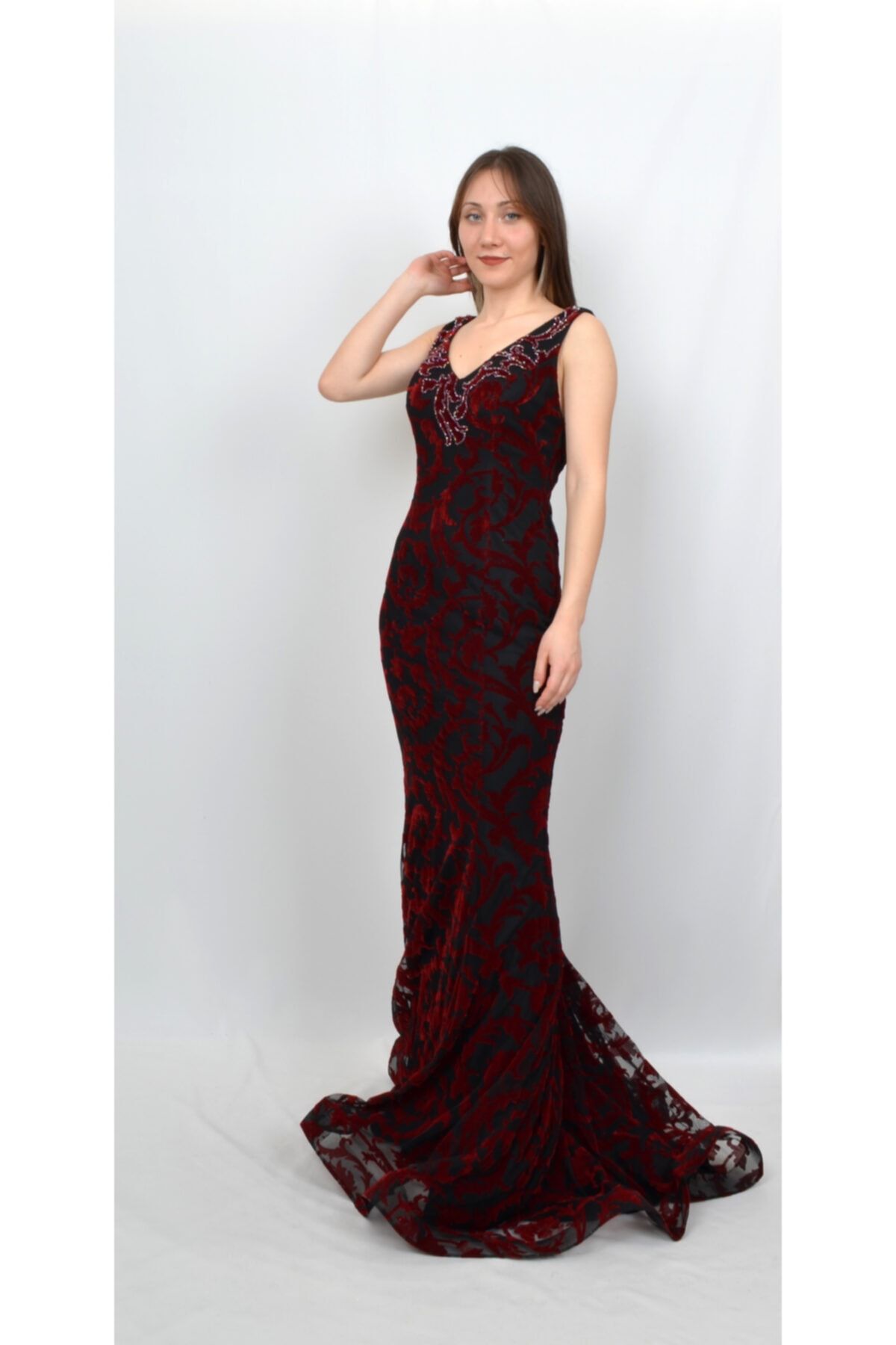 ALIS DRESS Женское бордовое черное вечернее платье из флока с вышитым камнем на груди AL-0476