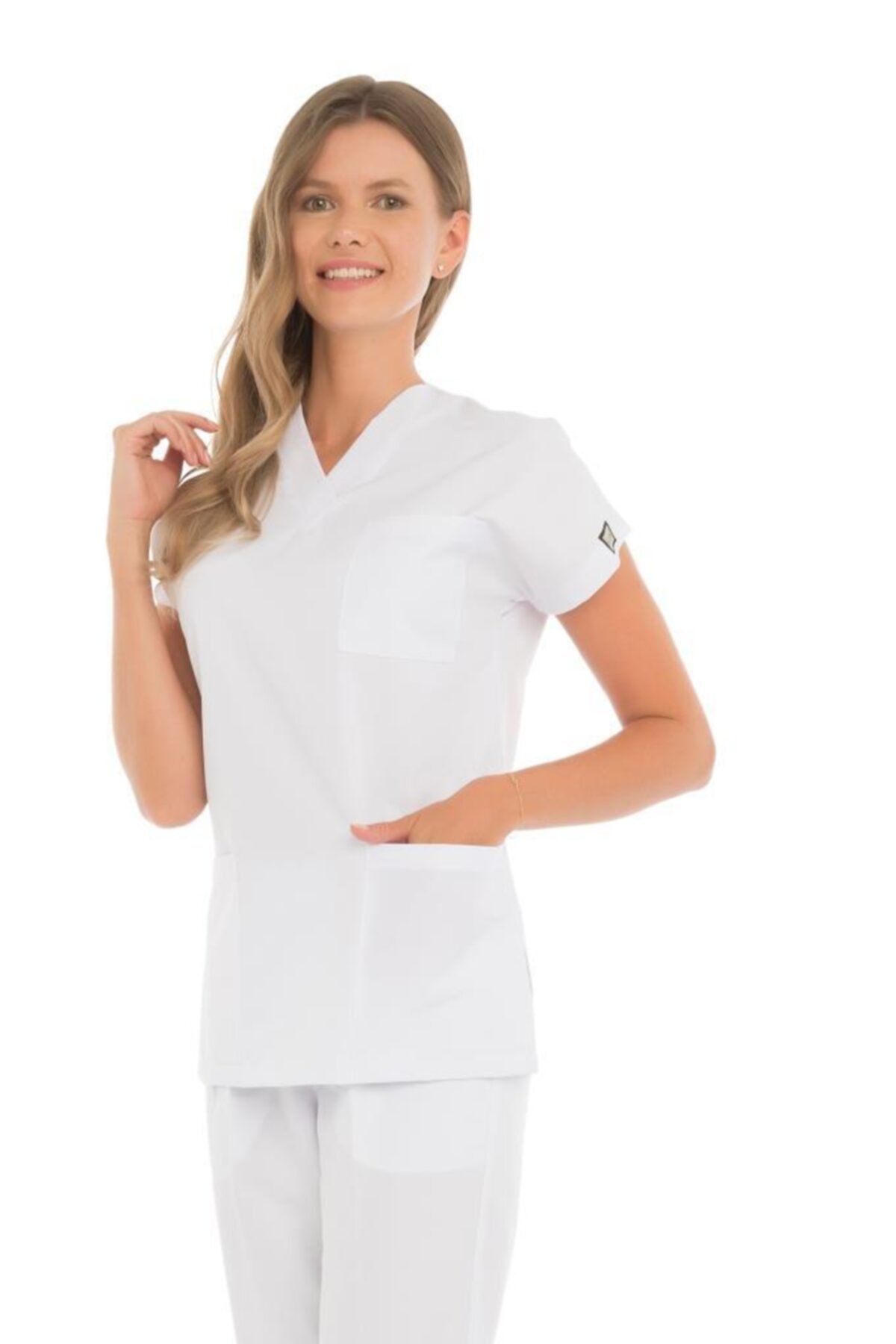 VEHBİ Kadın Doktor Hemşire Forması Scrubs Alpaka Kumaş Hastane Nöbet Tek Üst (v Yaka Dr Greys)