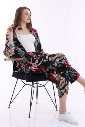 Kadın Siyah Çiçek Desenli Uzun Geniş Kol Kimono Beli Lastikli Cepli Rahat Pantolon Takım ARYA-0074