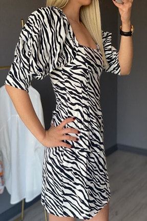 Kadın Balon Kol Zebra Elbise BYSNYVZ-zebra1