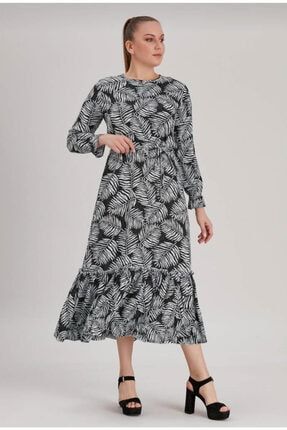 Kadın Siyah Büyük Beden Beli Kuşaklı Volan Detaylı Yaprak Desenli Uzun Kol Maxi Elbise WEARON11