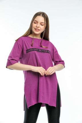 Kadın Mor Good Day Baskılı Oversize T-shirt 1028