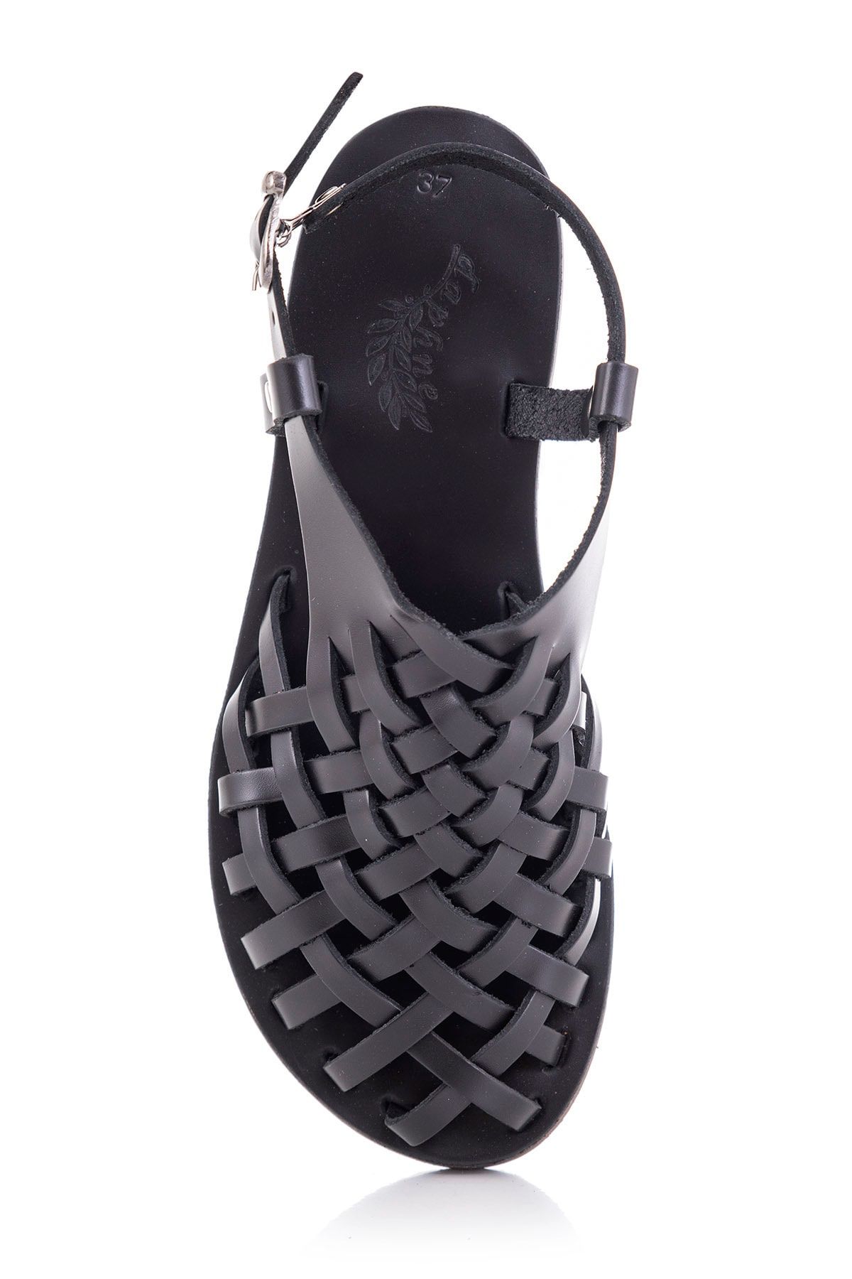 صندل سیاه زنانه بدنه چرمی دست ساز ساخته شده است 4013 DaphneSandals