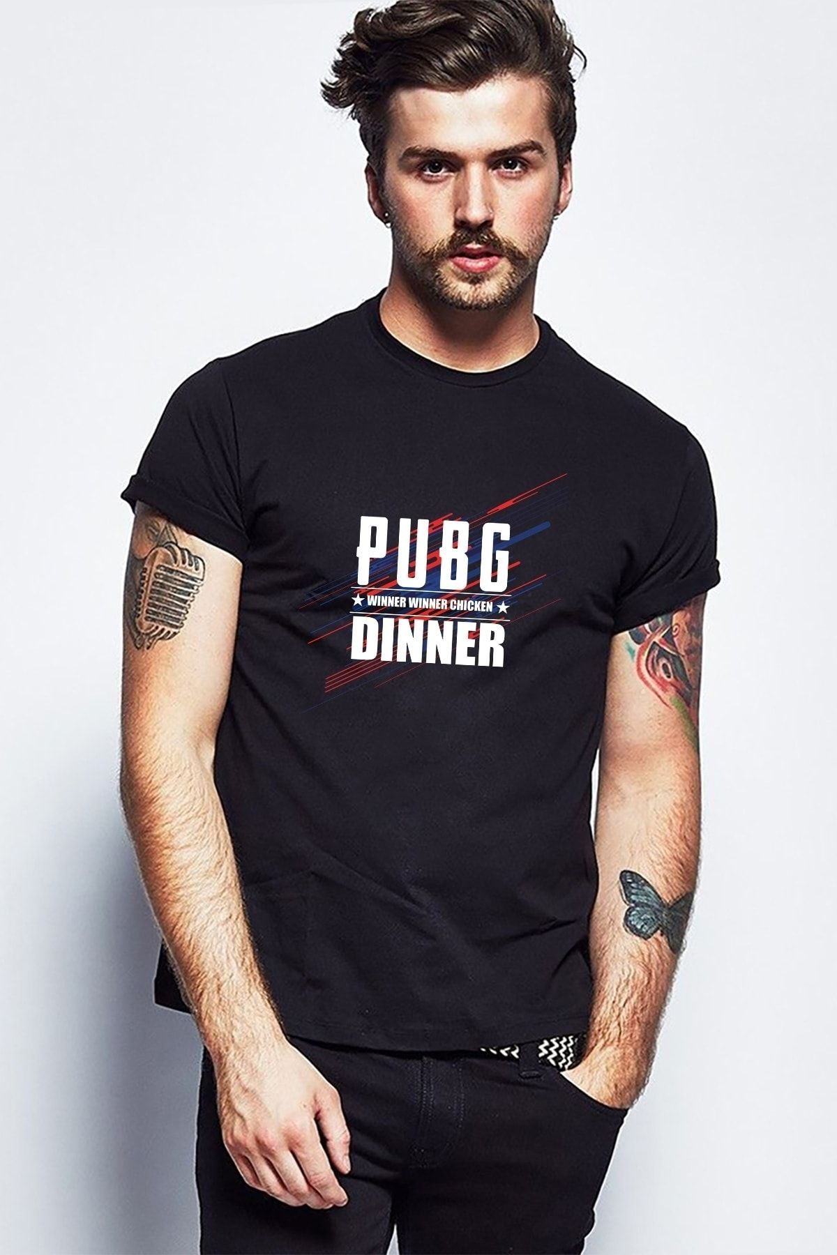 QIVI Tricou Negru Tricotat Pentru Bărbați Cu Imprimeu Chicken Dinner Masculin - XS