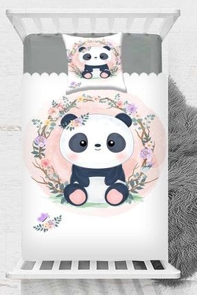 Osso Pembe Çiçekli Panda Desenli Çocuk Tek Kişilik Yatak Örtüsü Ossoyatcocukes2021c5