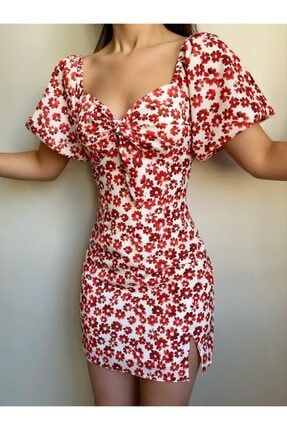 Kadın Kırmızı Balon Kol Çiçekli Elbise FRS-198