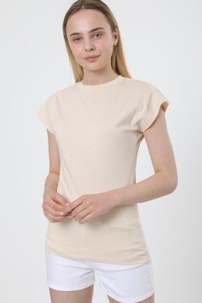 Kadın Taş Yarasa Kol Pamuklu Basic Örme T-shirt MDTRN12880
