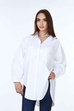 Kadın Beyaz Uzun Kollu Oversize Gömlek WBL-470-V3