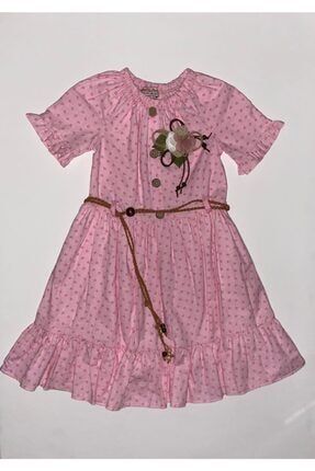 Kız Çocuk Pembe Desenli Düğmeli Kemerli Elbise ARDIL126