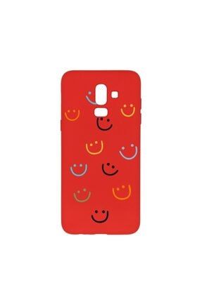 Samsung J8 Happy Smile Özel Tasarım Içi Kadife Lansman Kılıf Kırmızı RHK041