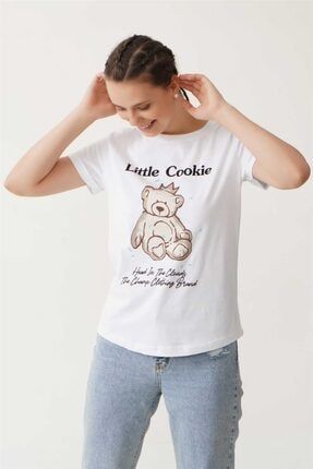 Kadın Beyaz Little Cookie Baskılı Organik Pamuk Bisiklet Yaka T-shirt 21SSK38000012