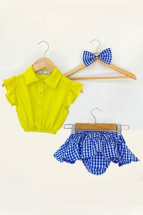 Kız Bebek Saç Bantlı Neon Sarı Büstiyerli Gömlek Mavi Pötikare Etekli Külot Takım 1070
