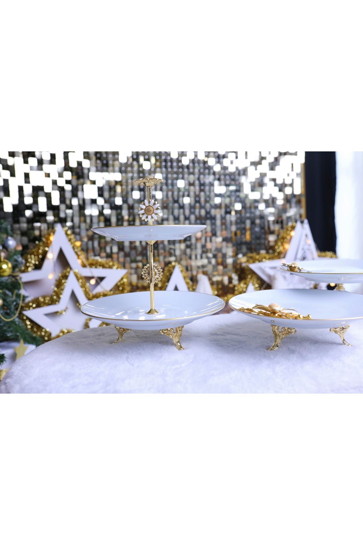 Elta Collection-3 Piece Metal Leg Porcelain Cake Presentation Cookie Holder Sugar Bowl Set 3