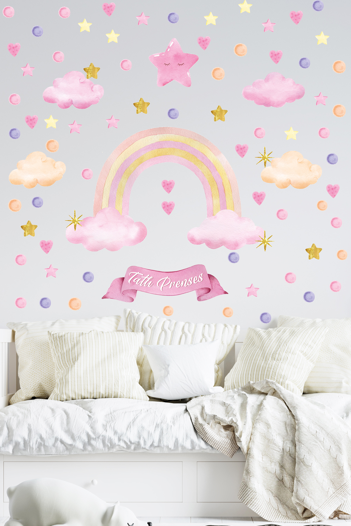 Sim Tasarım - Pembe Gökkuşağı Tatlı Prenses Yıldızlar Kalpler Çocuk Odası Duvar Sticker Seti fotoğrafı 2 (önizleme)