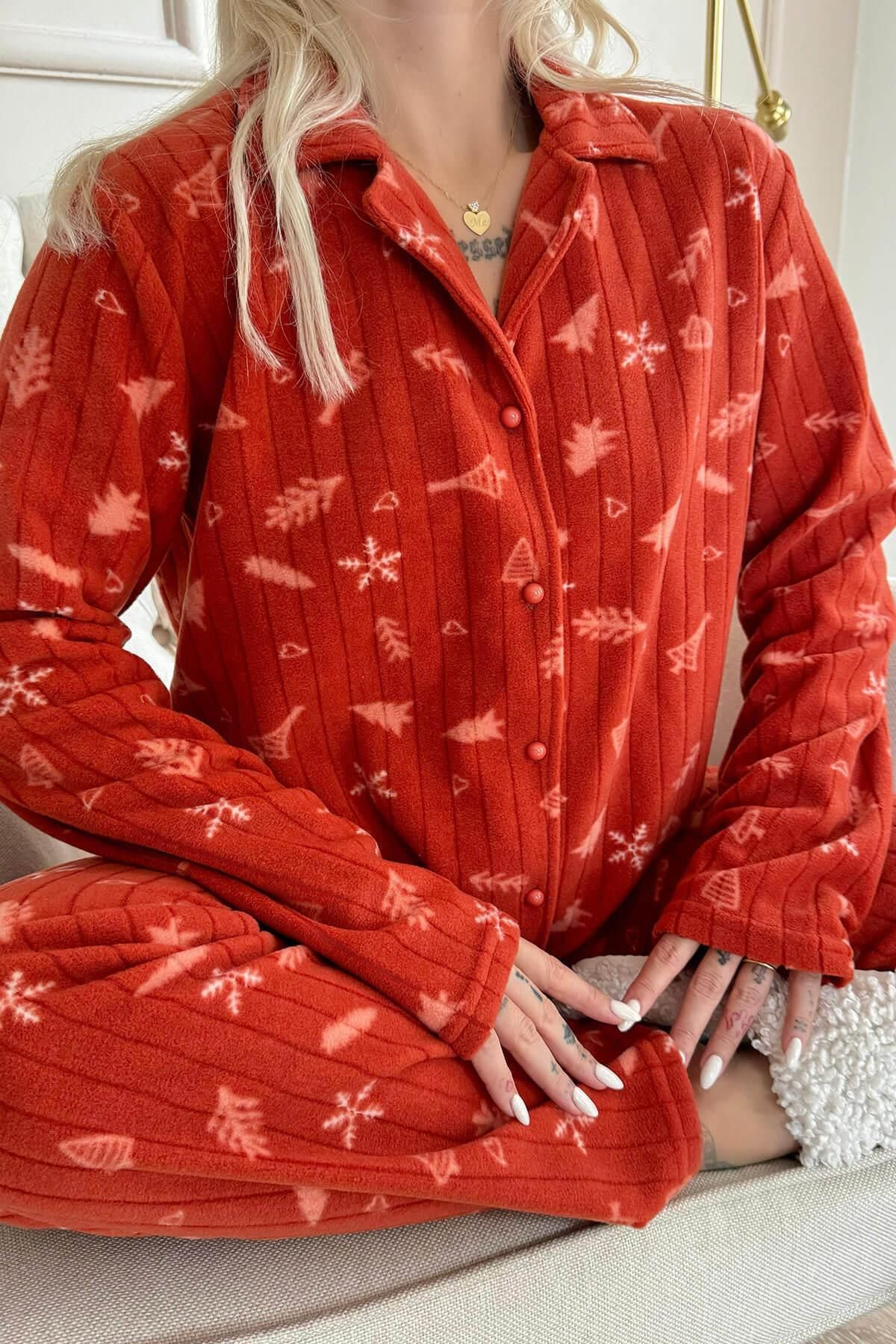 Pijamaevi-Orange Grain Patterned Front Buttoned Plush Fleece Pajama Set 4