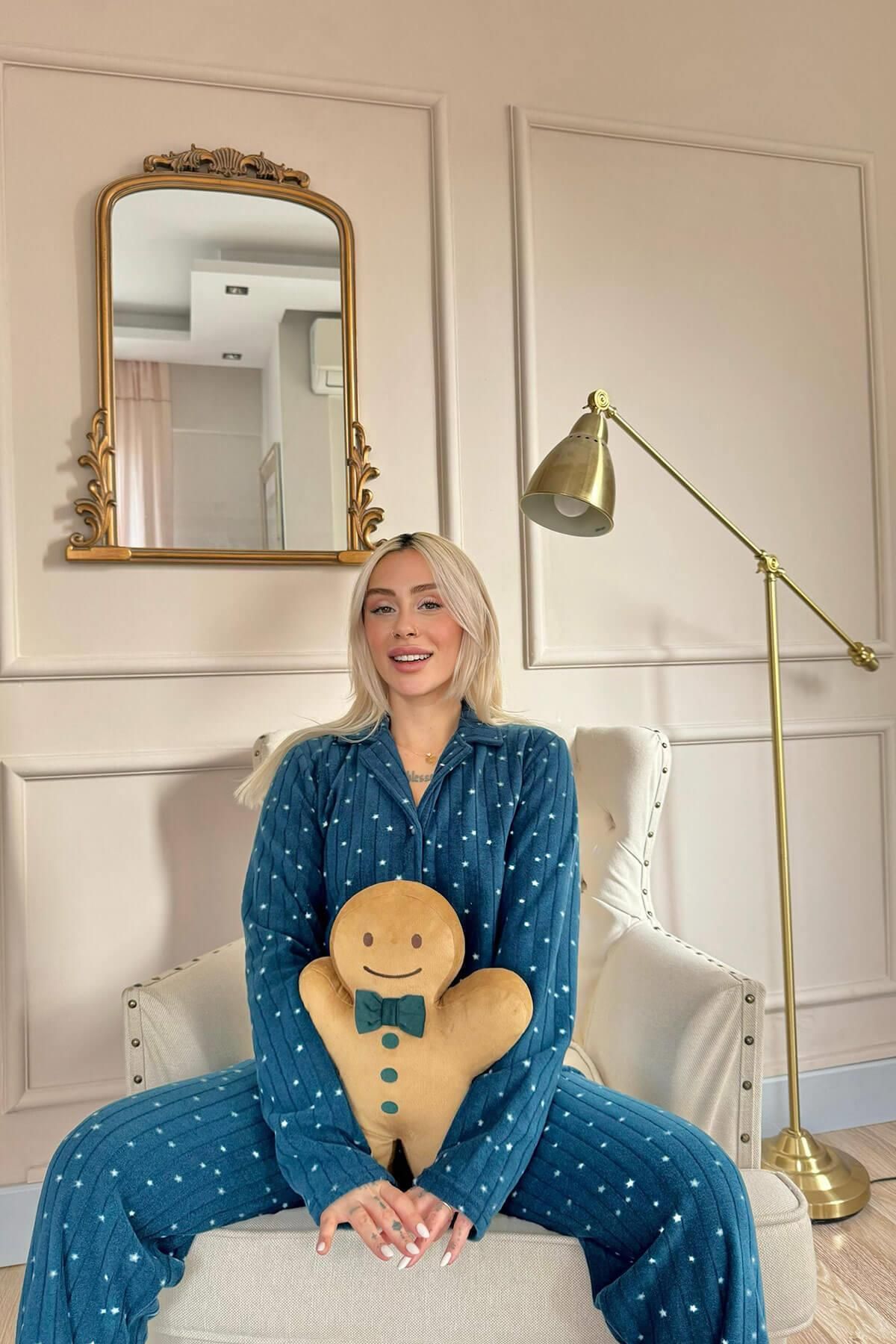 Pijamaevi-Petrol Lune Patterned Front Buttoned Plush Fleece Pajama Set 3