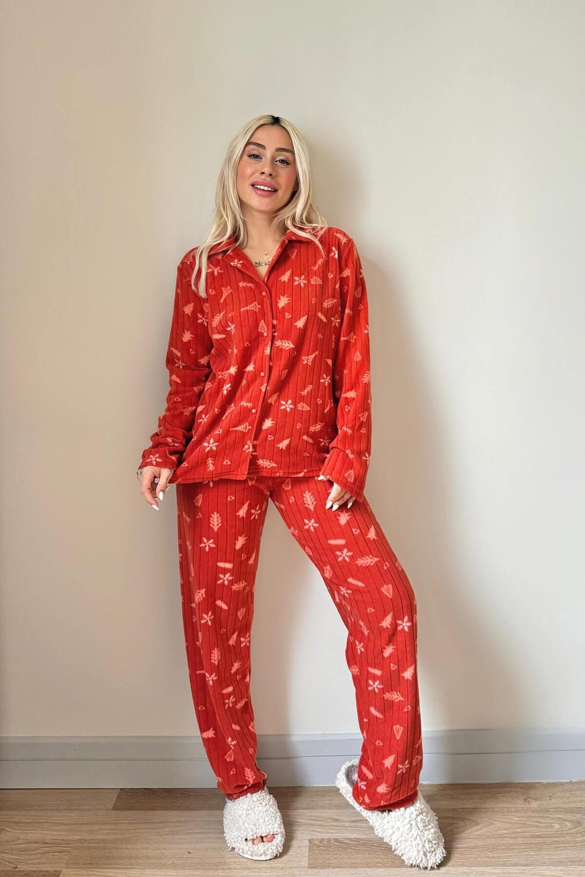 Pijamaevi-Orange Grain Patterned Front Buttoned Plush Fleece Pajama Set 5