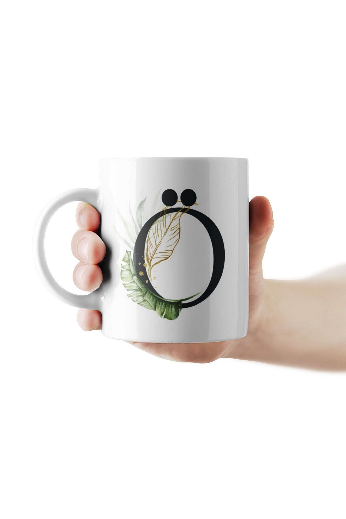 WuW-Machine Washable Ceramic Mug with Letter O Tropical Leaf Pattern 2
