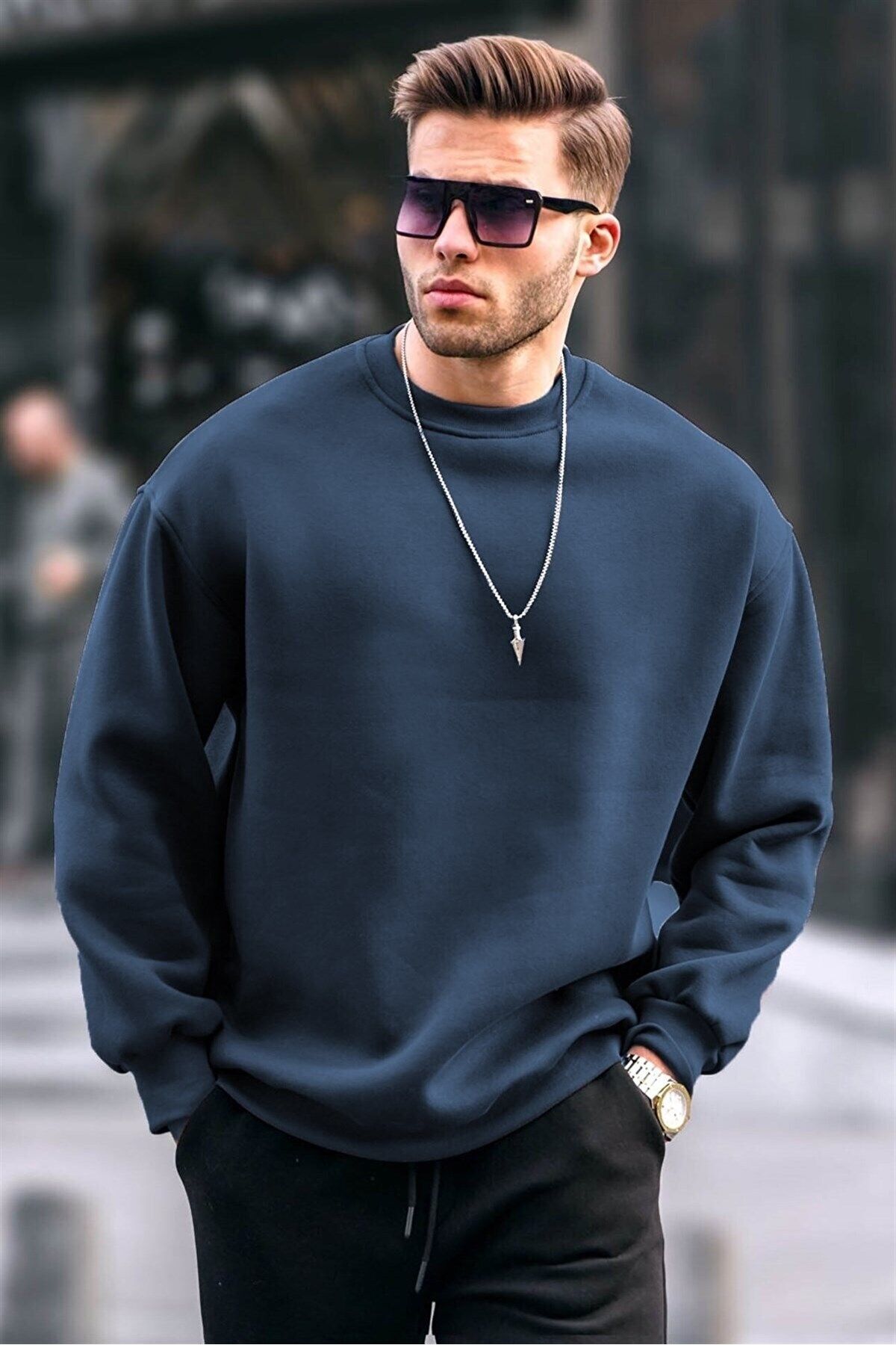 sweatshirt hommes 6048 navy blue crew neck oversised hooded basic