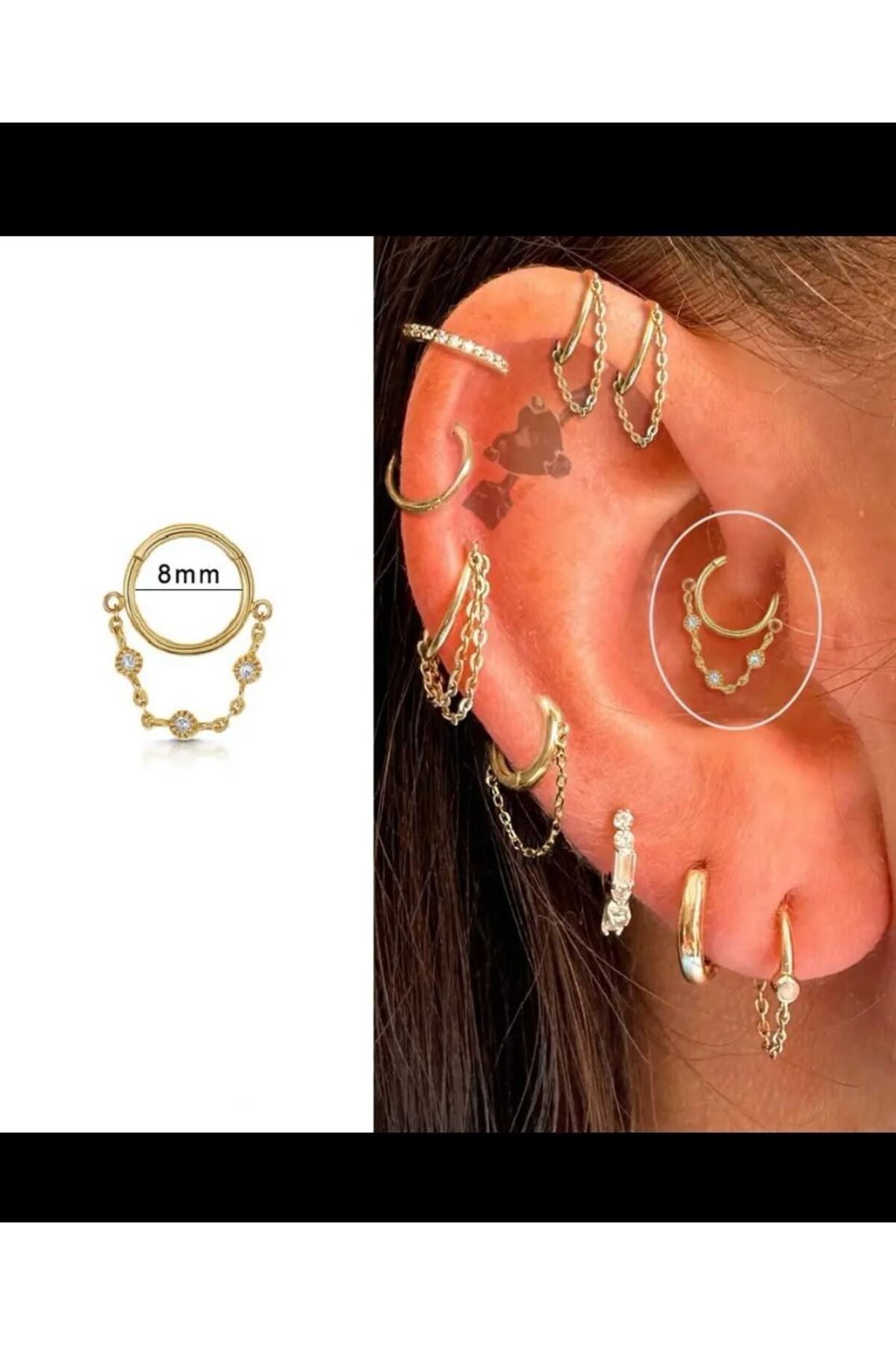 CERRAHİ ÇELİK ZİNCİRLİ HELİX KIKIRDAK DAİTH LOBE SEPTUM UYUMLU MENTEŞELİ HALKA PİERCİNG