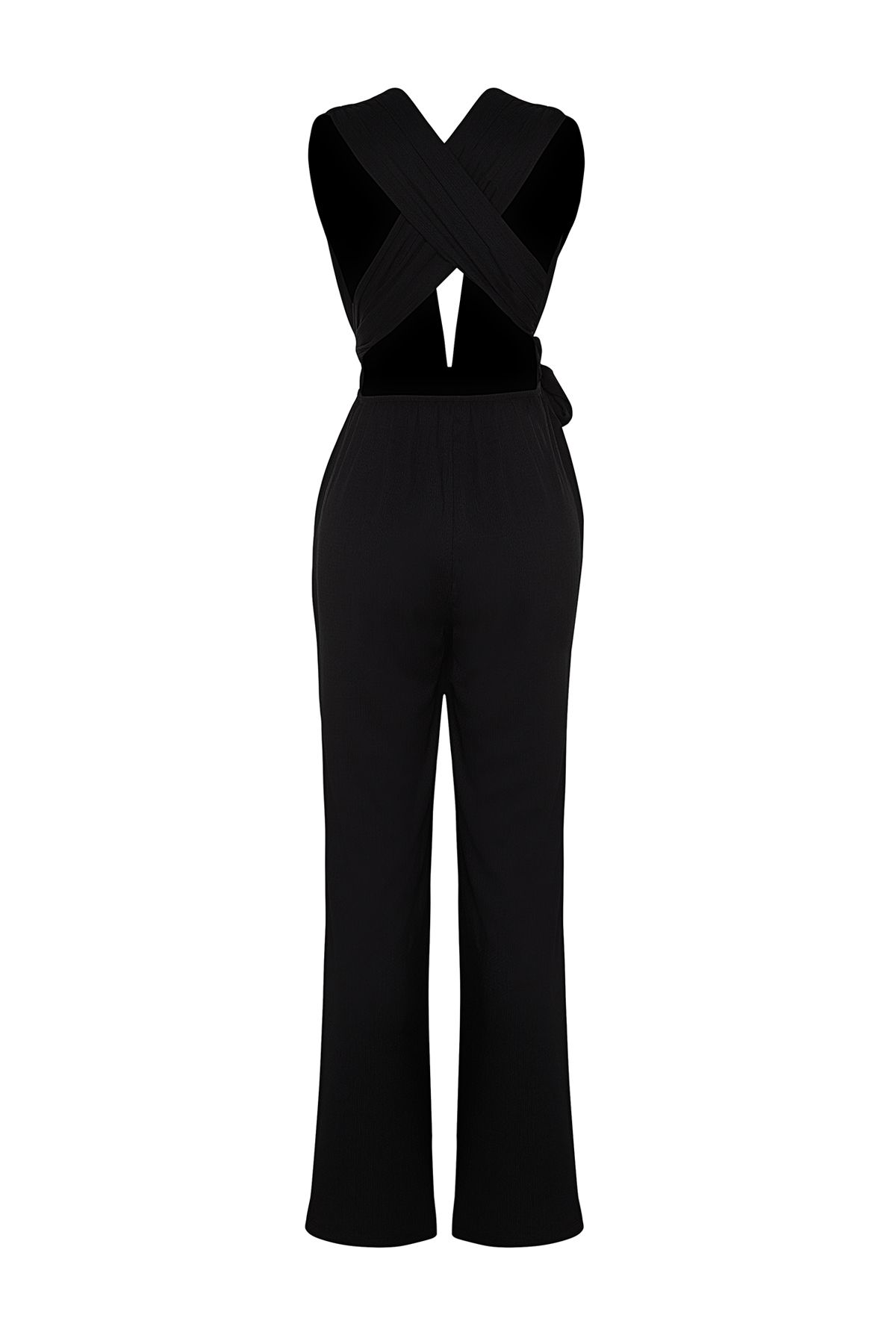 Trendyol Collection-Schwarzer, gewebter Strandoverall mit tiefem Rückenausschnitt und Schnürung TBESS23TU00010 9