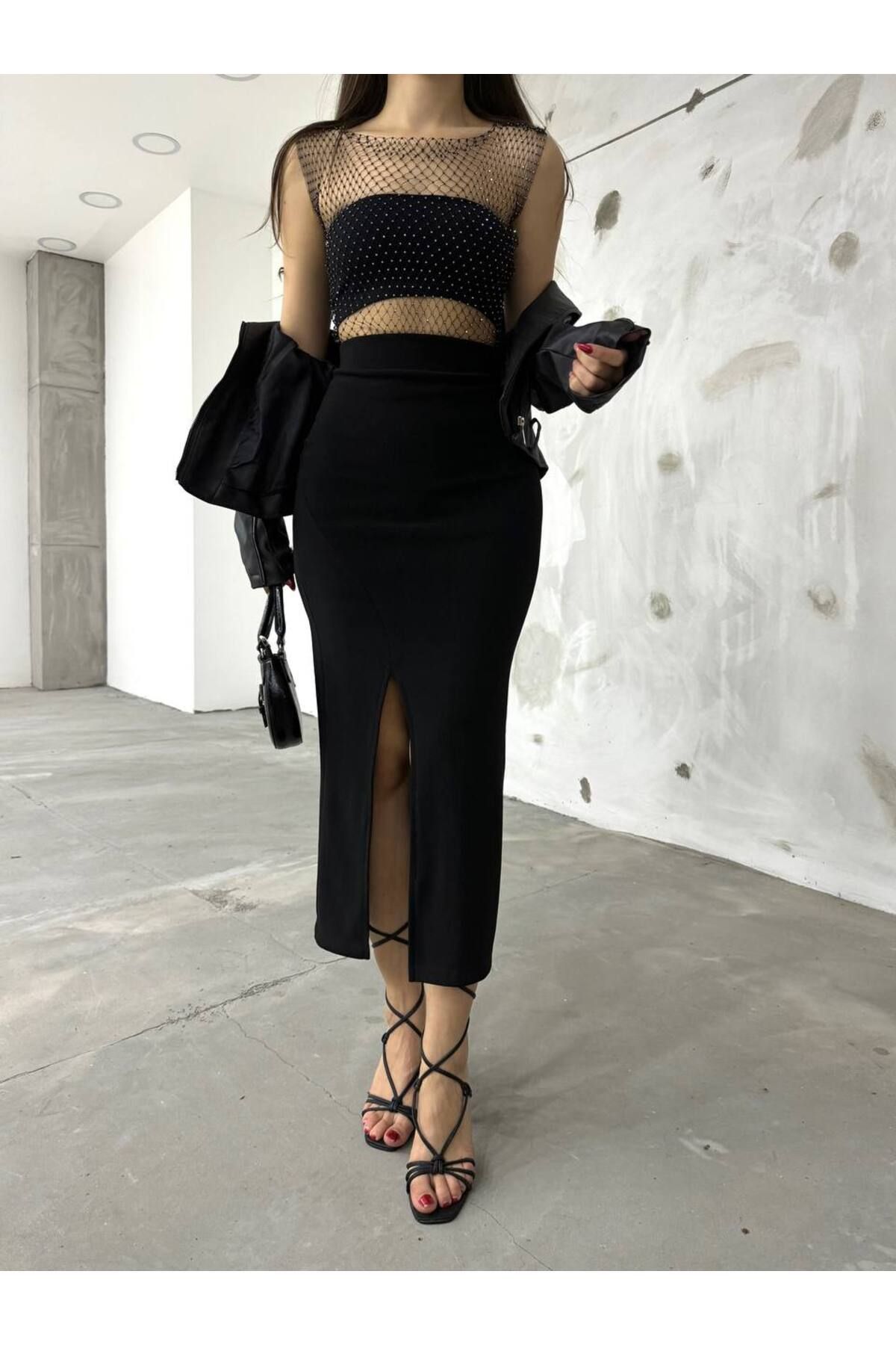 BİKELİFE-Schwarzer Bleistiftrock aus Lycra mit hoher Taille und Schlitz auf der Vorderseite für Damen 7