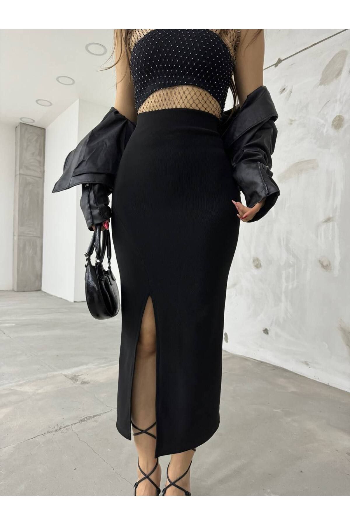 BİKELİFE-Schwarzer Bleistiftrock aus Lycra mit hoher Taille und Schlitz auf der Vorderseite für Damen 6
