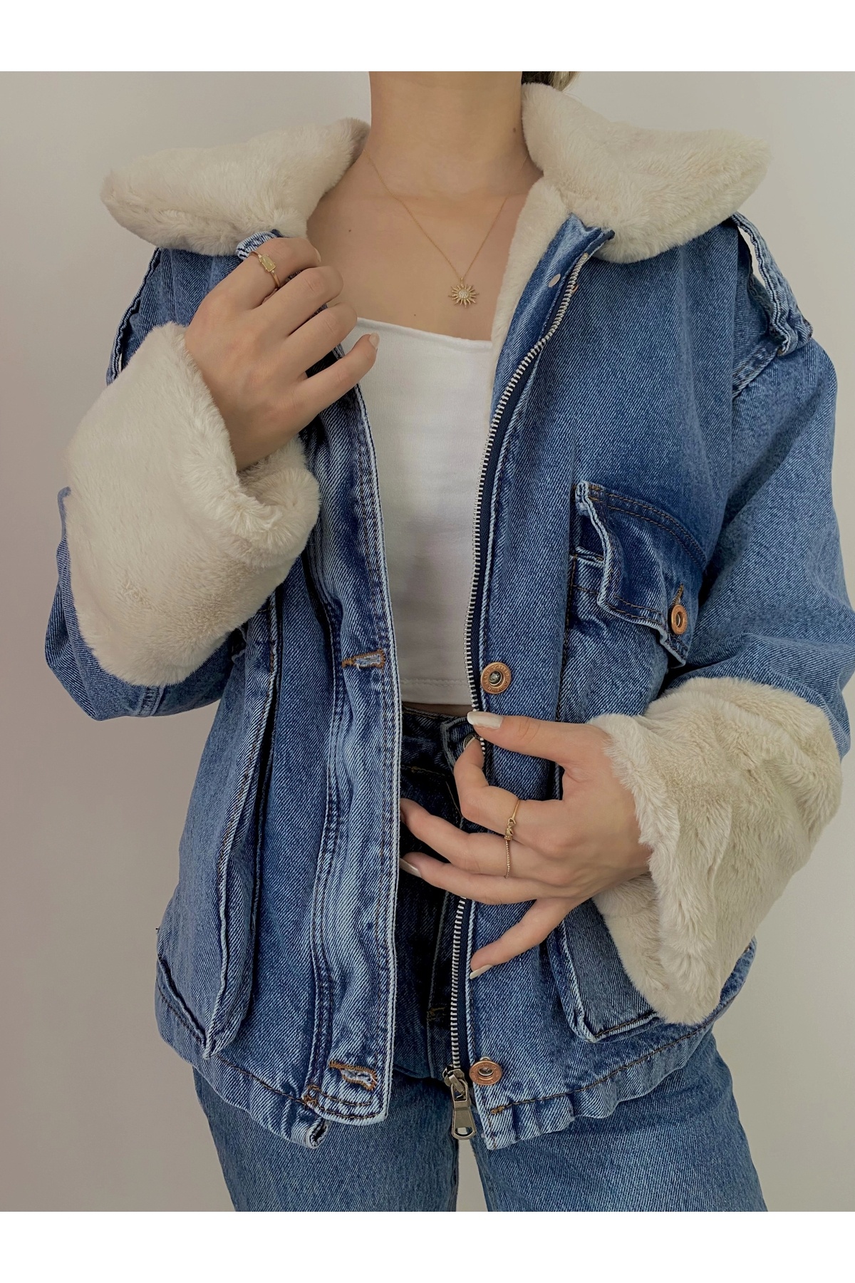Fur Detailed Comfortable Fit Winter Women's Denim Jean Fabric Coat