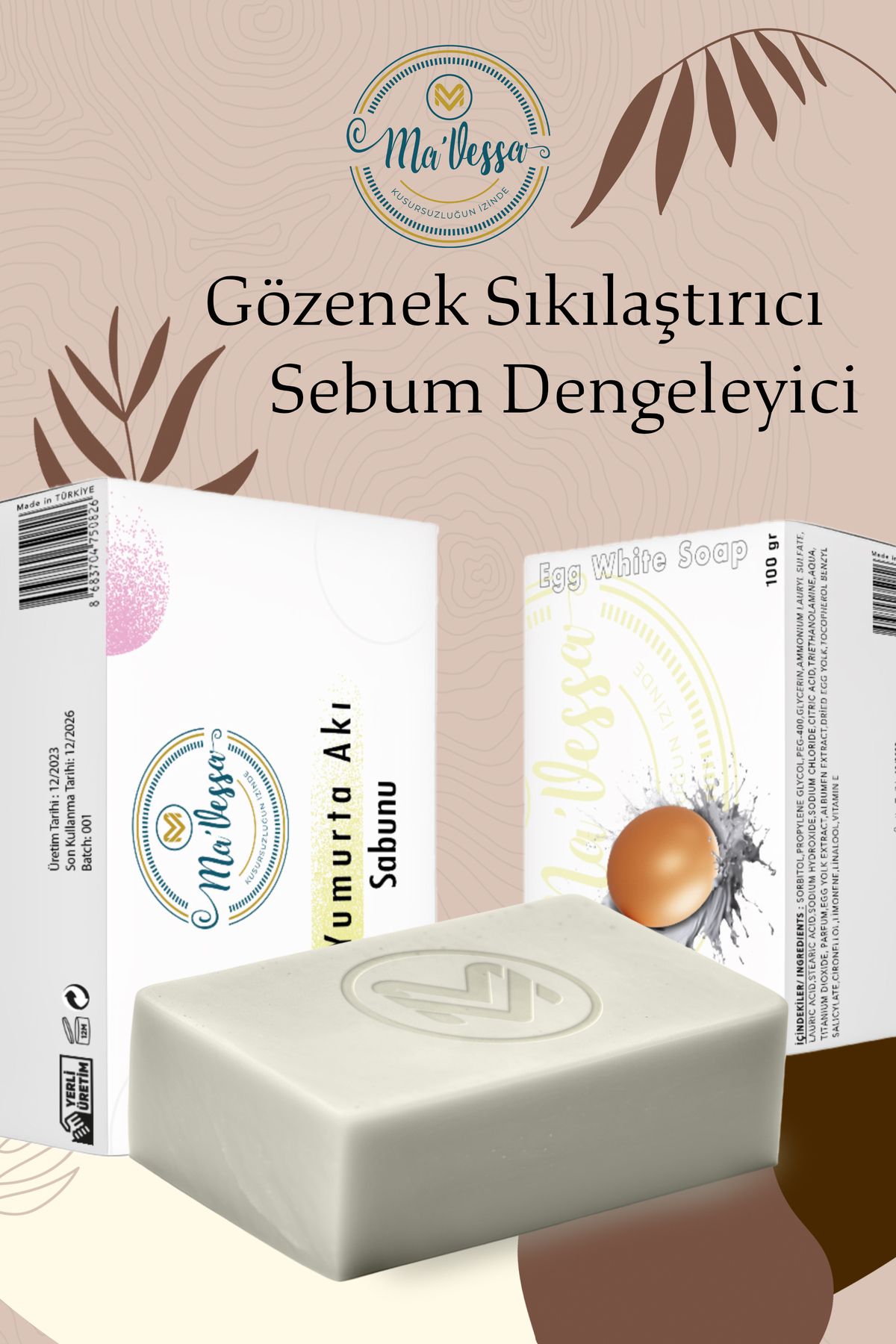 صابون 100% طبیعی دست ساز سفیده تخم مرغ، سفت کننده منافذ و اثر متعادل کننده سبوم 100 گرم Ma'Vessa