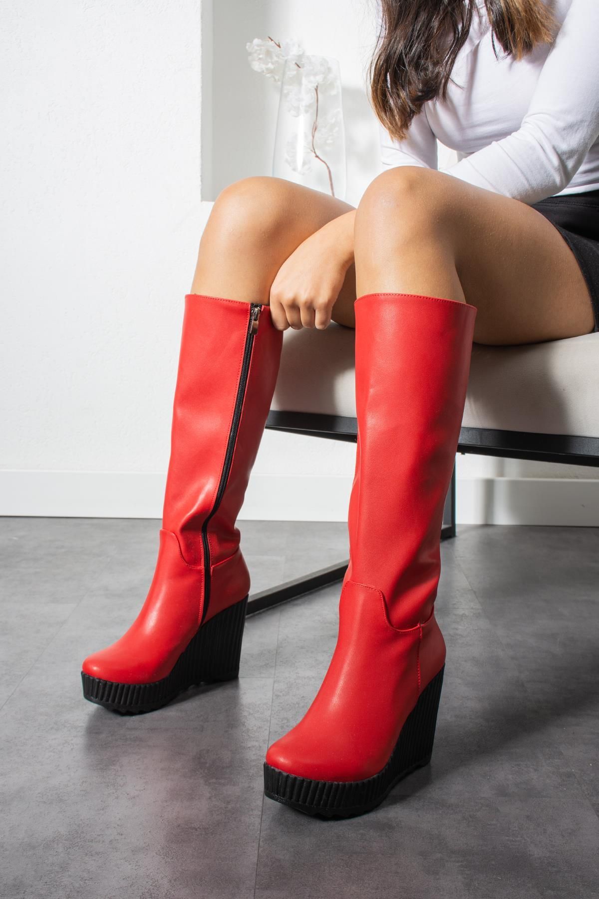 Modanizm Knee High Boots Red Flat