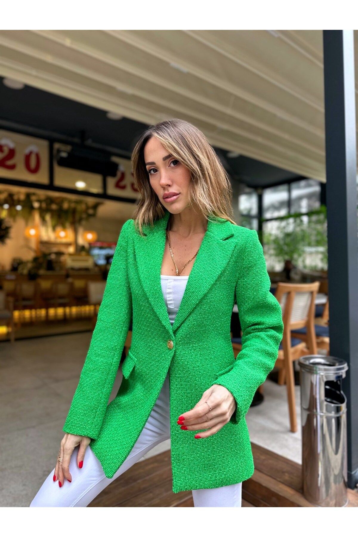 Women's green blazer with gold buttons shop