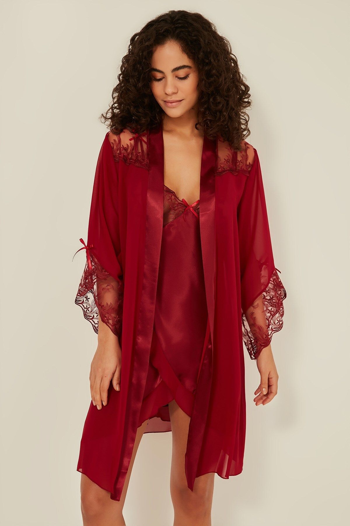 by İGP Women's Claret Red Satin Lace Bra Covered Dressing Gown Nightgown  Set - Trendyol