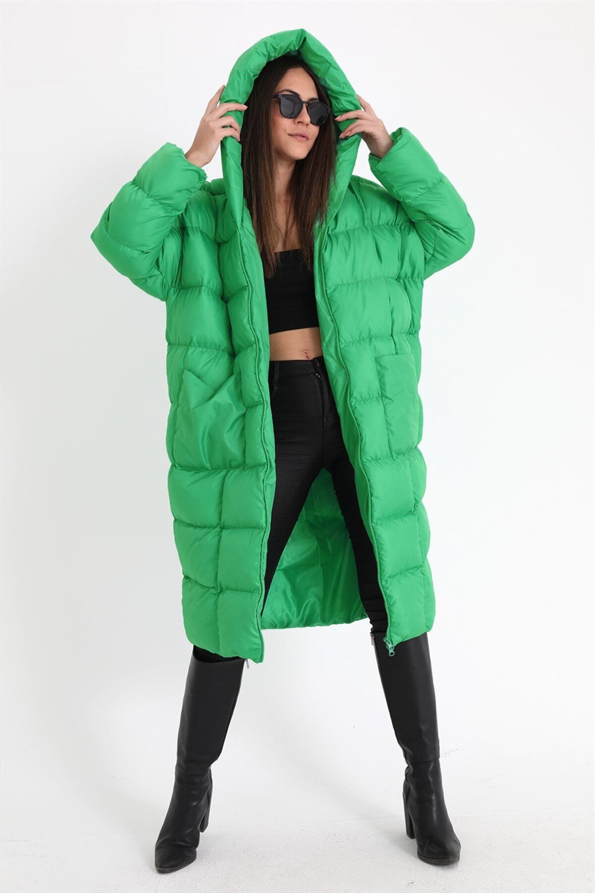 Women's Light Green Hooded Inflatable Long Oversized Coat