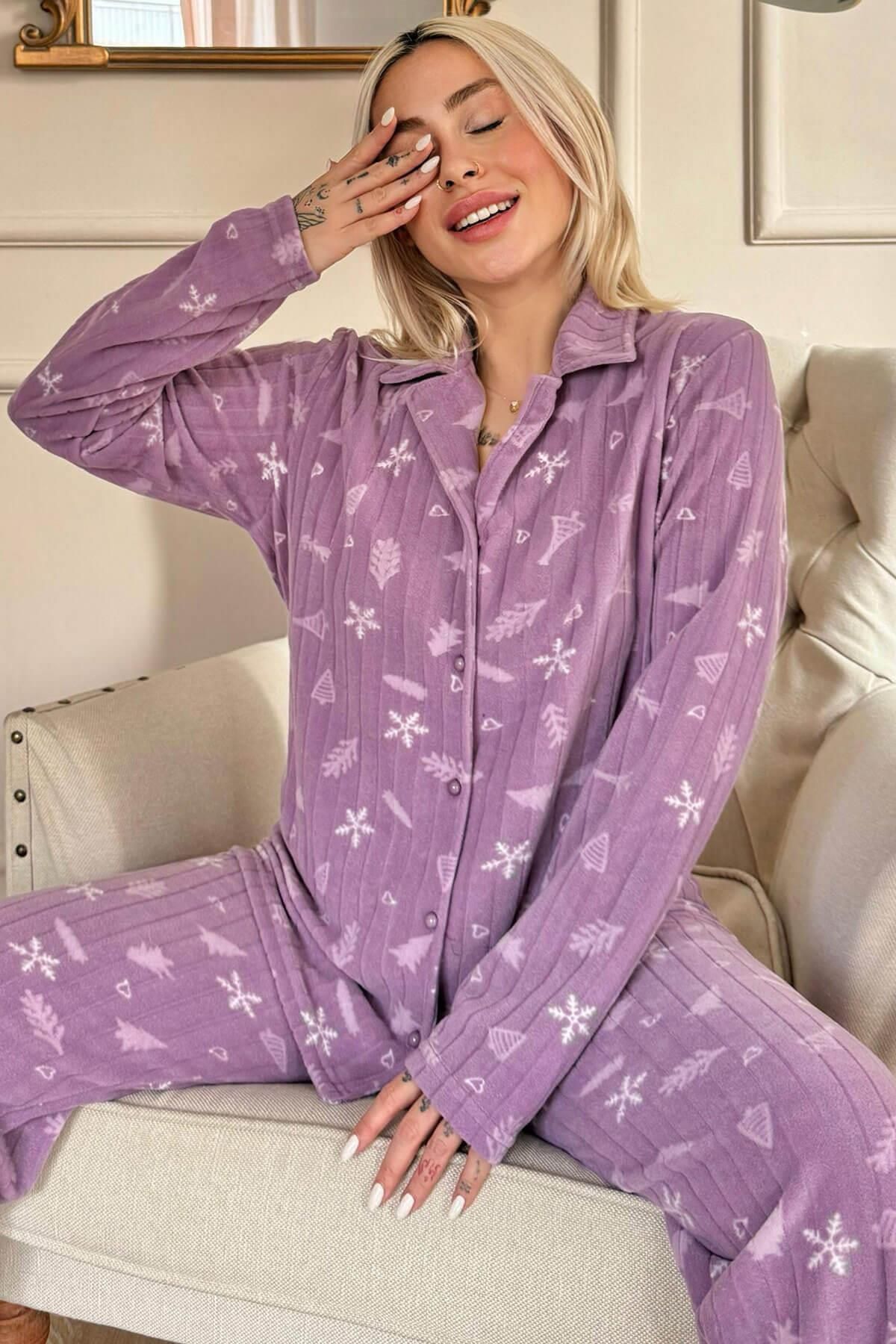 Pijamaevi-Lilac Pine Patterned Front Buttoned Plush Fleece Pajama Set 1