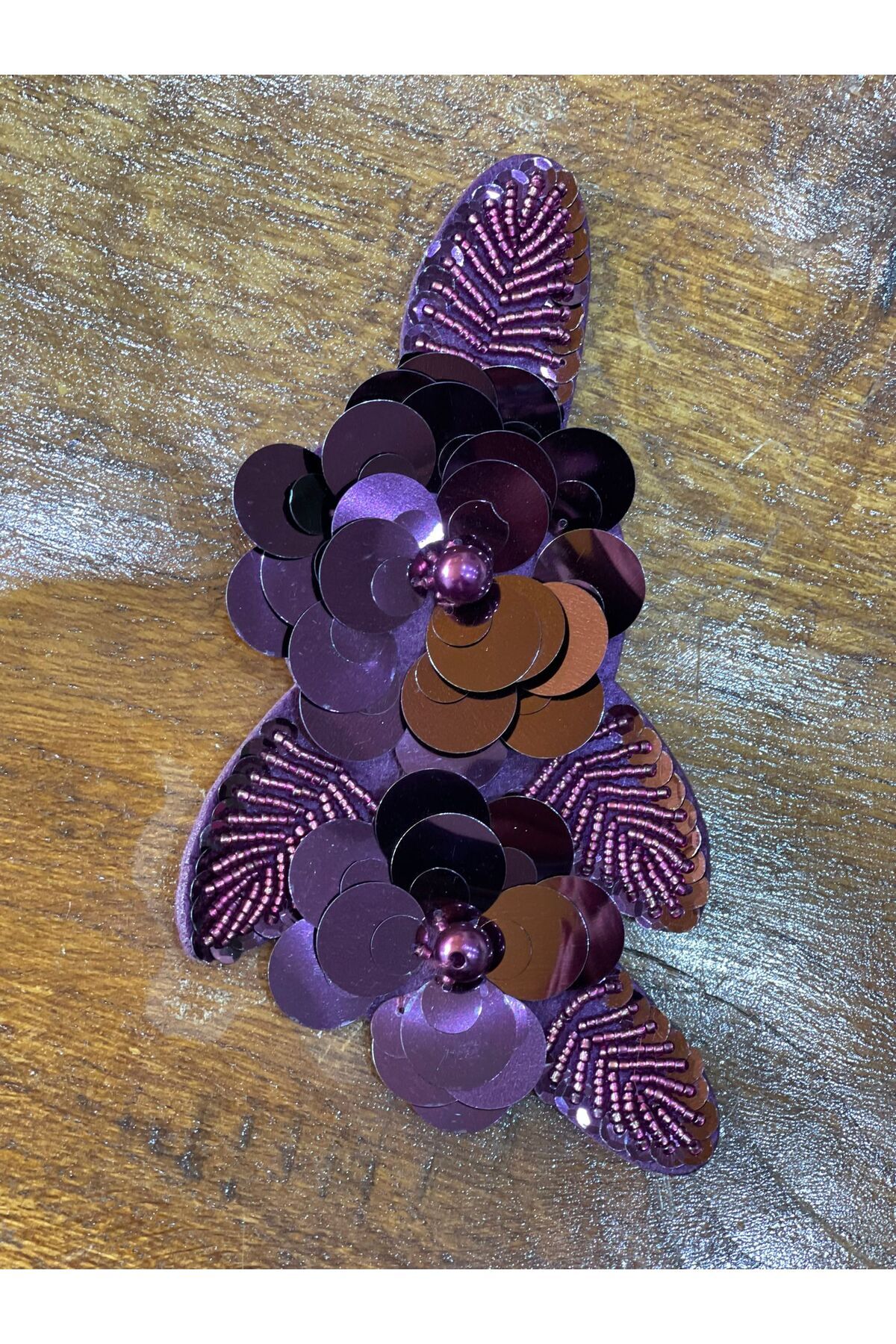 Gönülden Tasarım 16x8 Cm Payet Ve Boncuk Işlemeli Gül Çiçek Aplike Arma Nakış Dikiş Aksesuarı Mürdüm