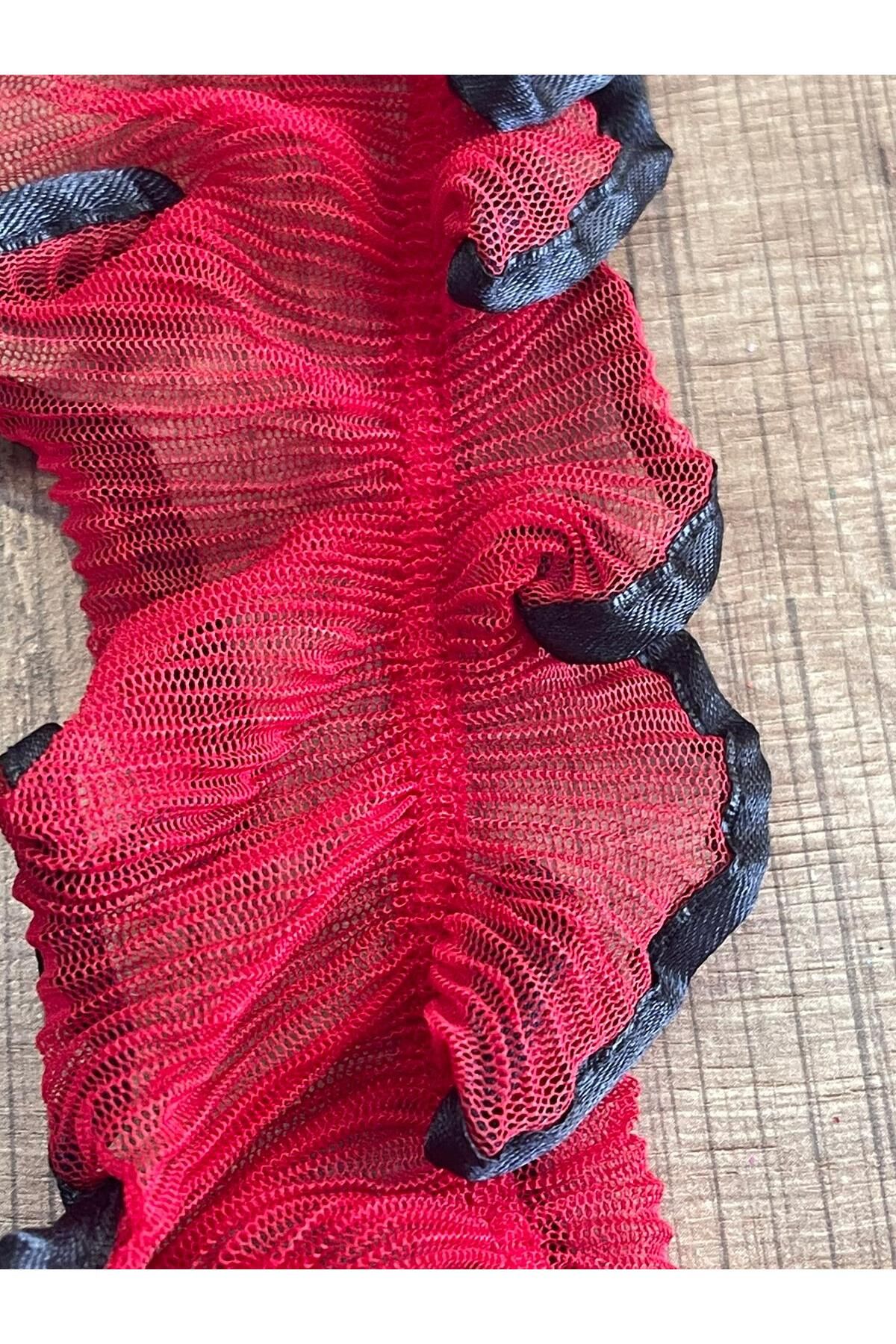 Gönülden Tasarım-Băiat 2 Metri 10 Cm Lățime 9 Cm Roșu Negru Tulle Volanat Accesoriu de cusut elastic 2