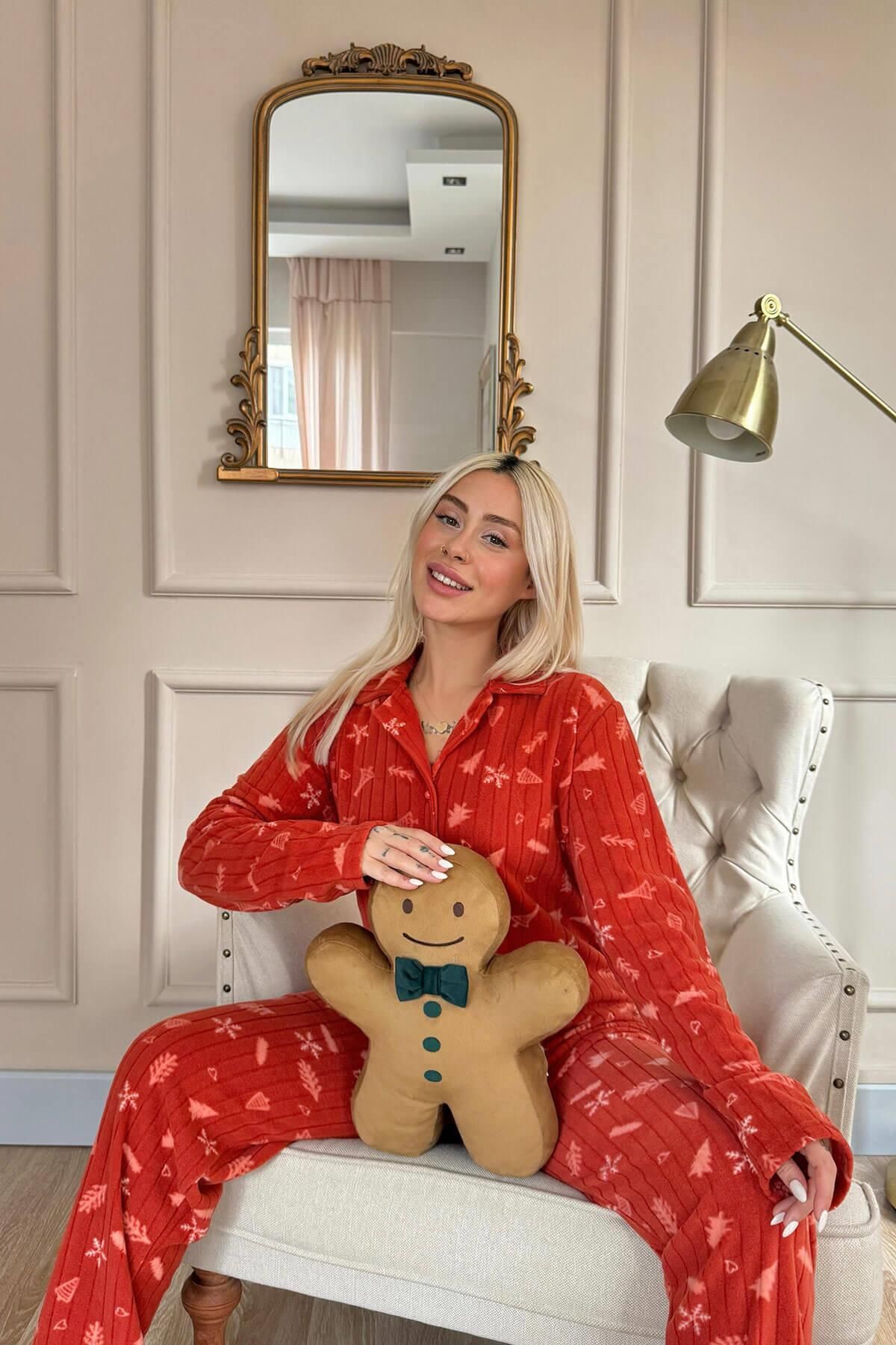 Pijamaevi-Orange Grain Patterned Front Buttoned Plush Fleece Pajama Set 2