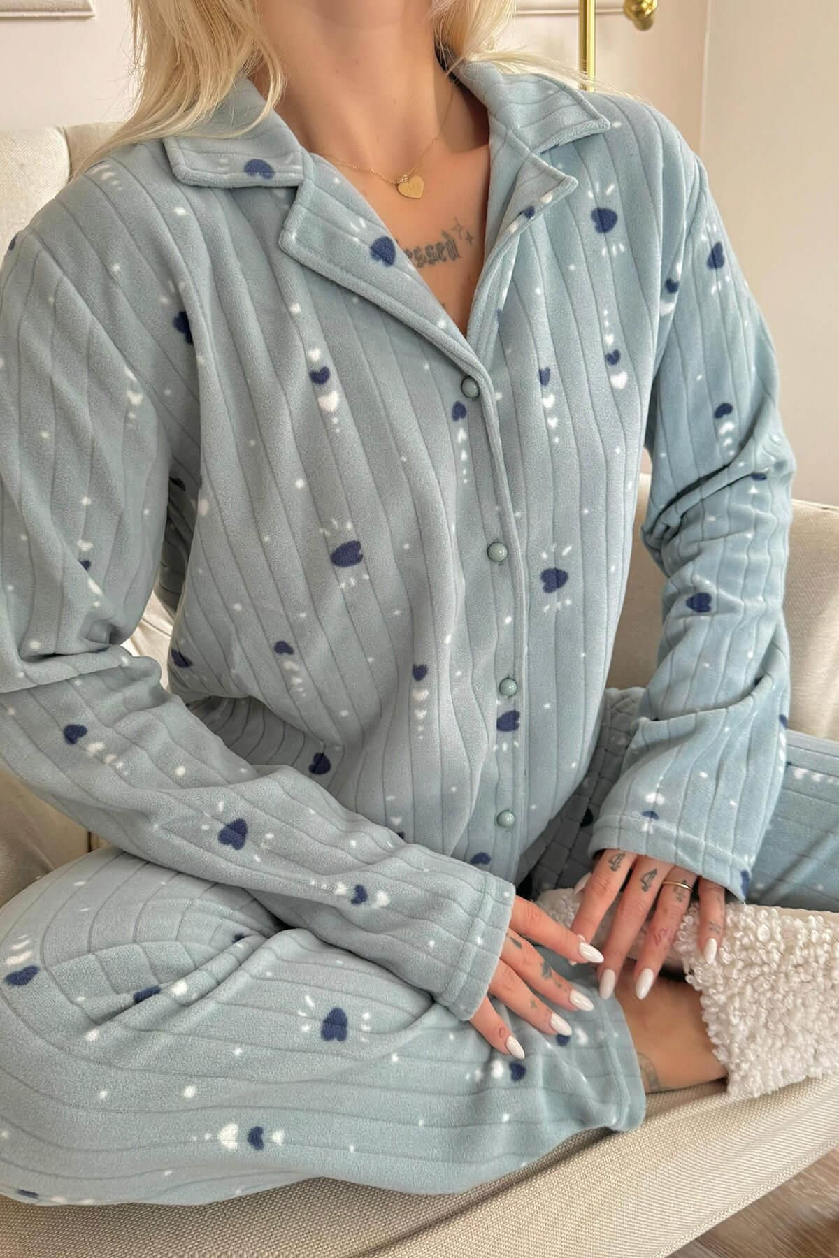 Pijamaevi-Green Heart Patterned Front Buttoned Plush Fleece Pajama Set 5