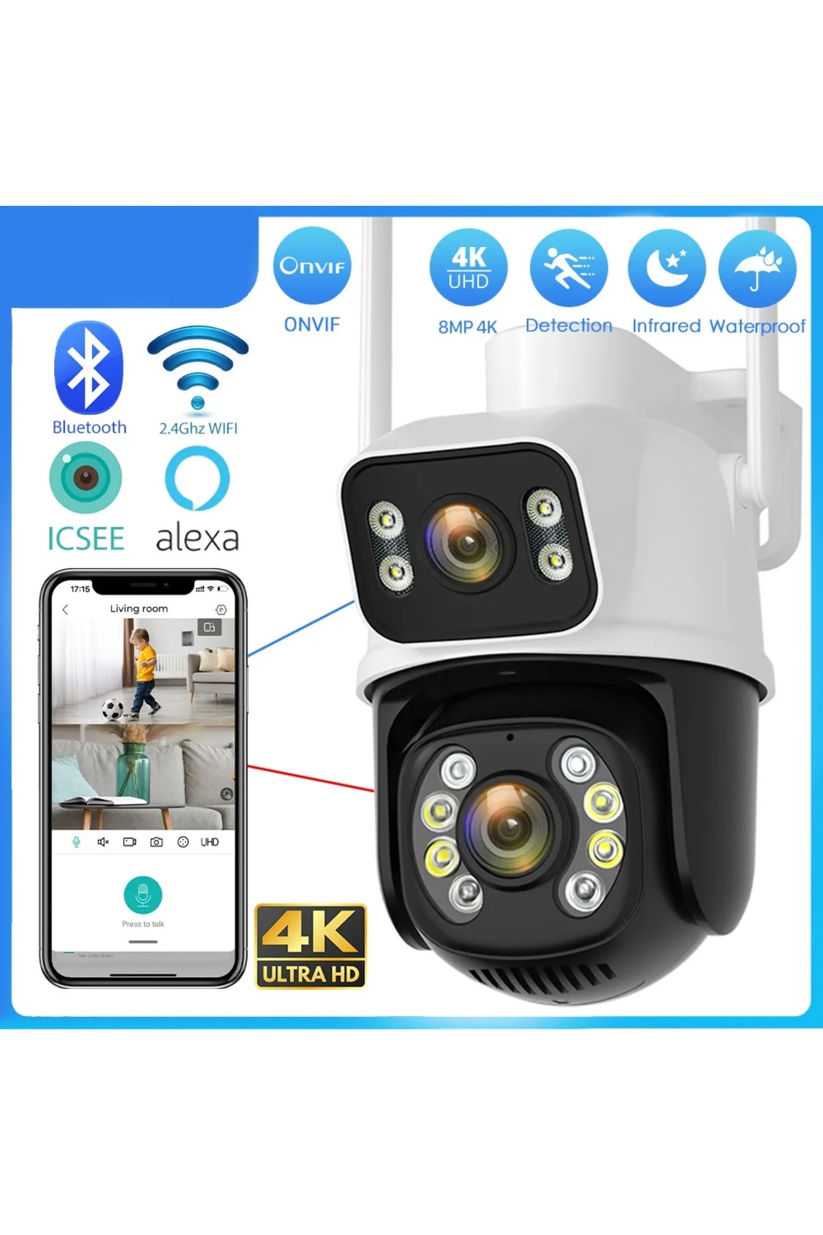 solutions technology 8MP 4K Wıfı Kamera Çift Lens Çift Ekran Açık Gece Görüşlü Hareket takibi