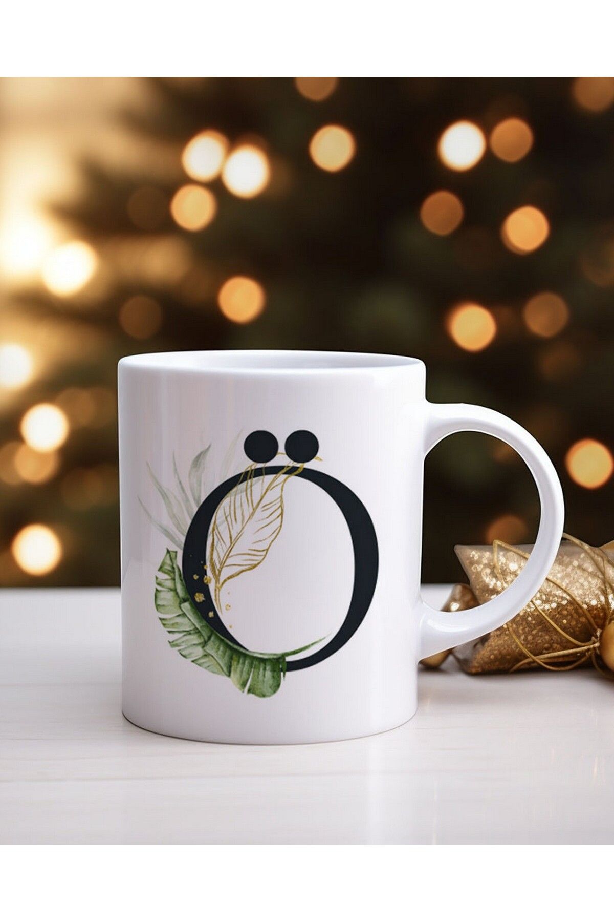 WuW-Machine Washable Ceramic Mug with Letter O Tropical Leaf Pattern 3
