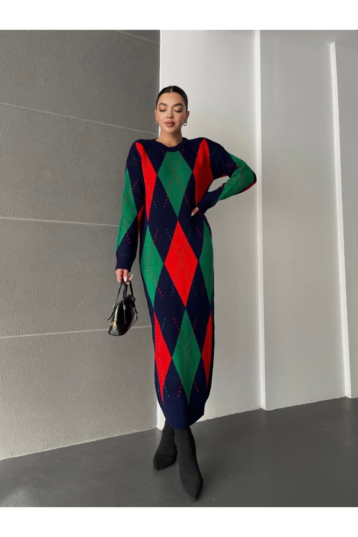 WOMEN'S BAKLAVA PATTERNED LONG OVERSIZED MODEL KNITWEAR DRESS