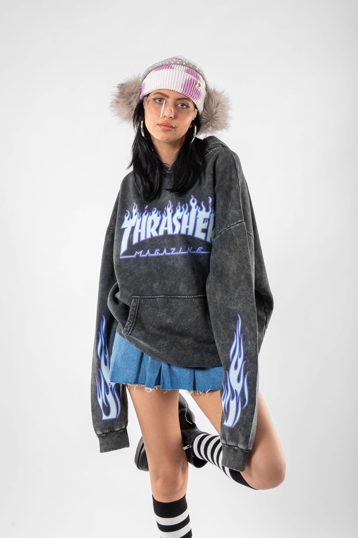 Bak Moda Washed Thrasher Flam Printed Oversize Unisex Smoked