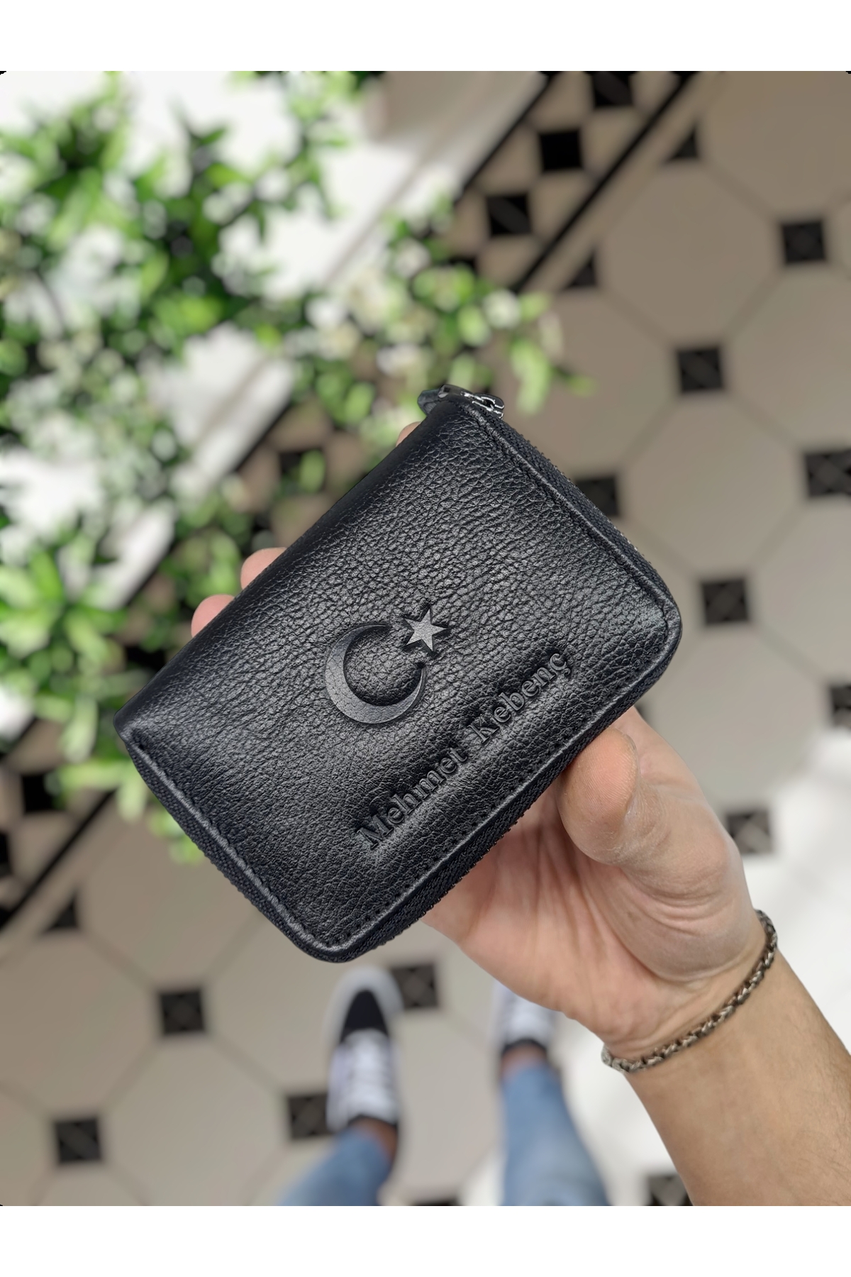 Visso 661 Real Leather Zipper Card Holder Customized Bag with Moon Star Logo