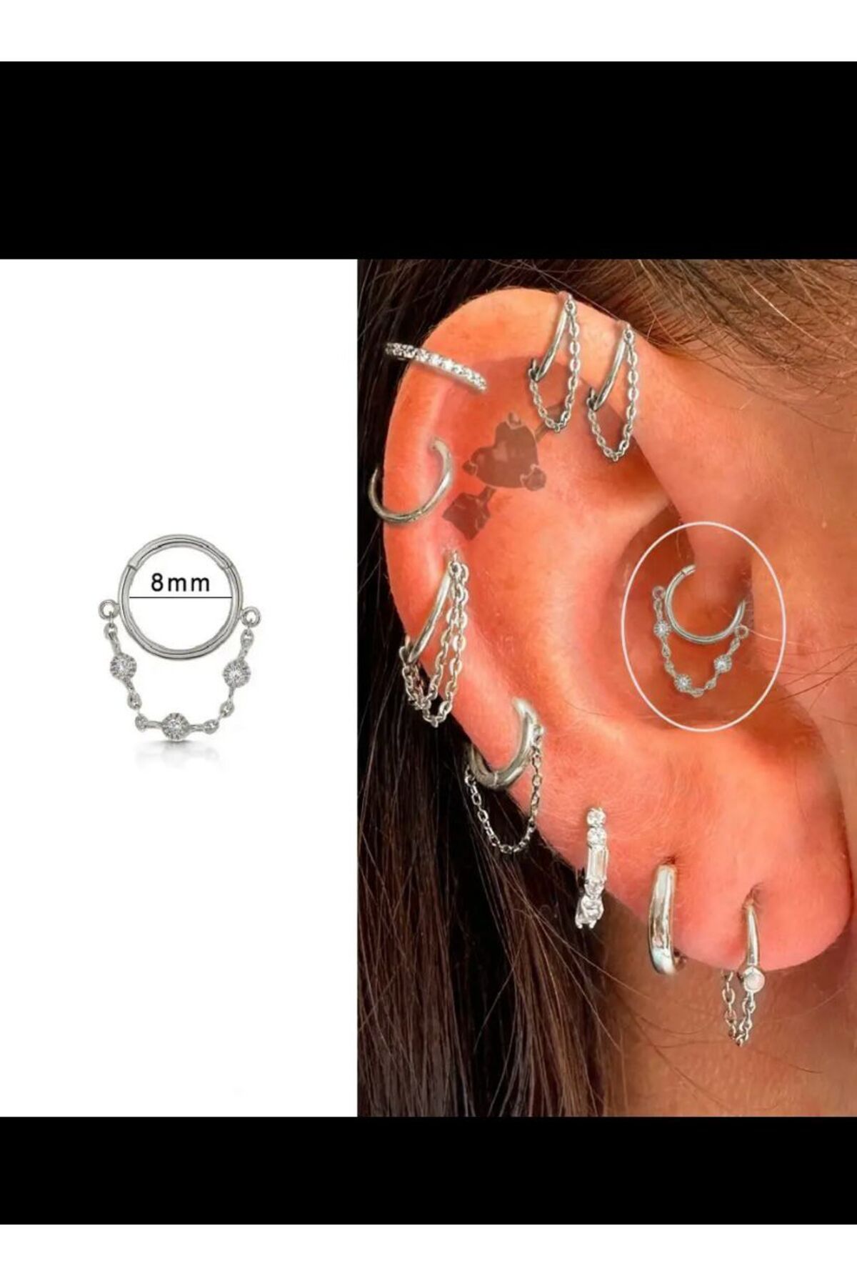 CERRAHİ ÇELİK ZİNCİRLİ HELİX KIKIRDAK DAİTH LOBE SEPTUM UYUMLU MENTEŞELİ HALKA PİERCİNG