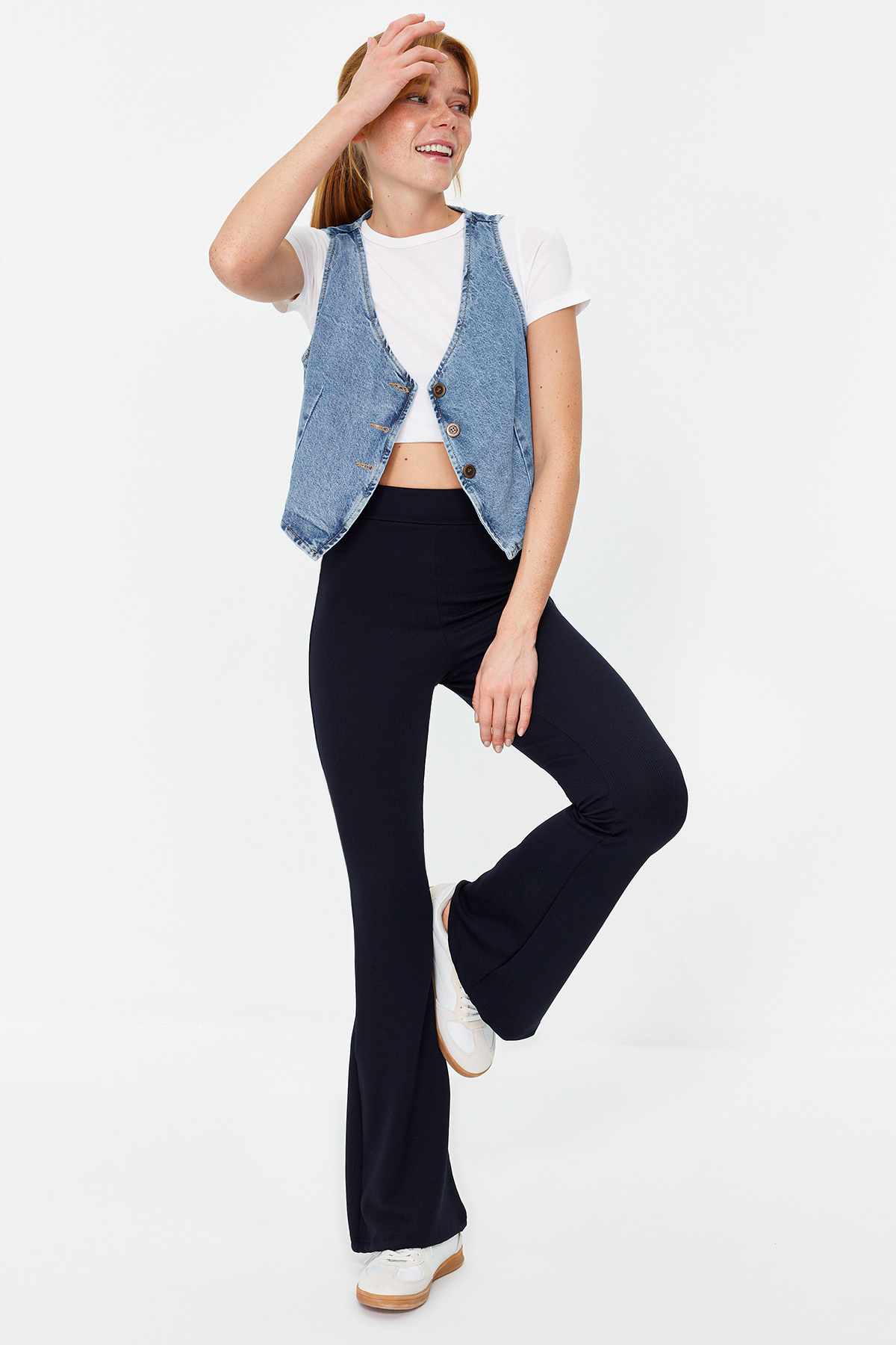 Trendyolmilla  Lacivert Fitilli Flare/İspanyol Paça Yüksek Bel Esnek Örme Tayt Pantolon TWOSS23PL00135 - Görsel 3