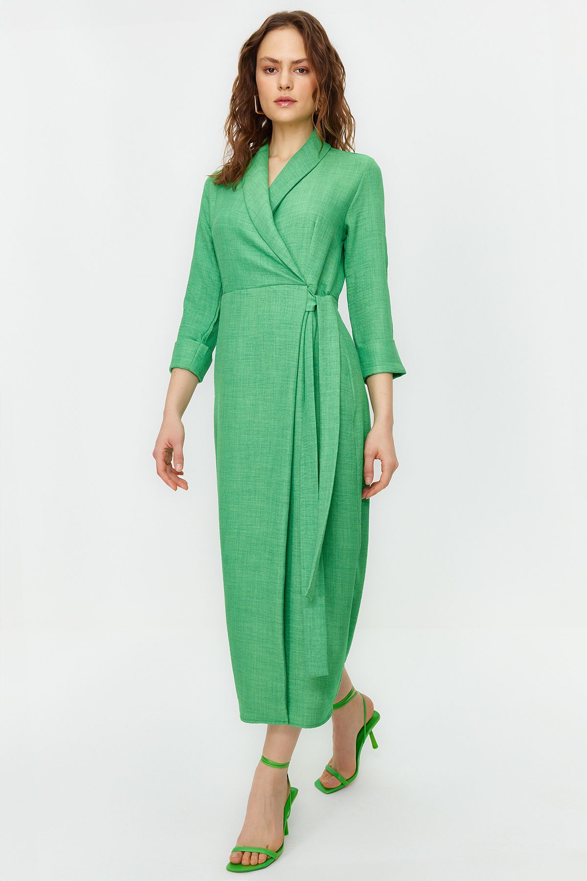 Trendyol Modest-فستان كاكي من الكتان بمظهر مزدوج الصدر TCTSS24EB00021 3