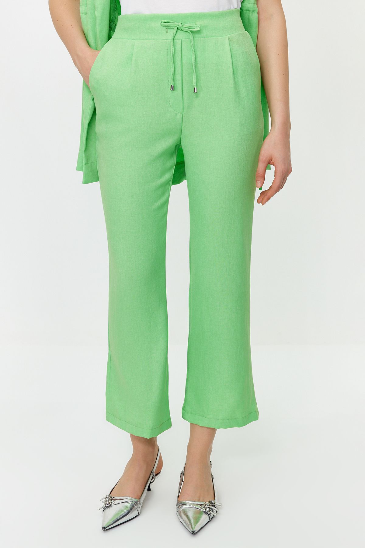 Trendyol Modest-Green Internal Tie Linen Look Kimono-Trousers Woven Suit TCTSS23US00061 5