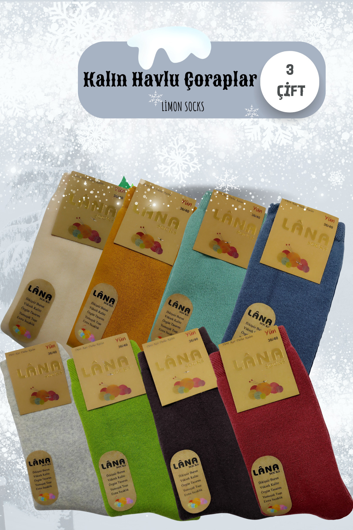 Kışlık Havlu Çorabı ( 3 Çift) Kadın Termal Özellikli Uzun Kalın Çorap — görsel 2 · LİMONSOCKS10222